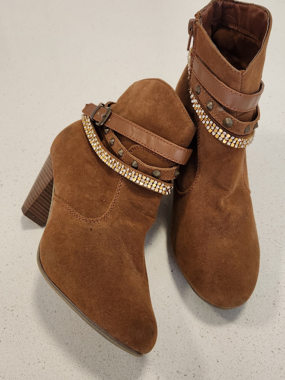 Charming Charlie Brown Suede Rhinestone Embellished Ankle Boots Size 8.5